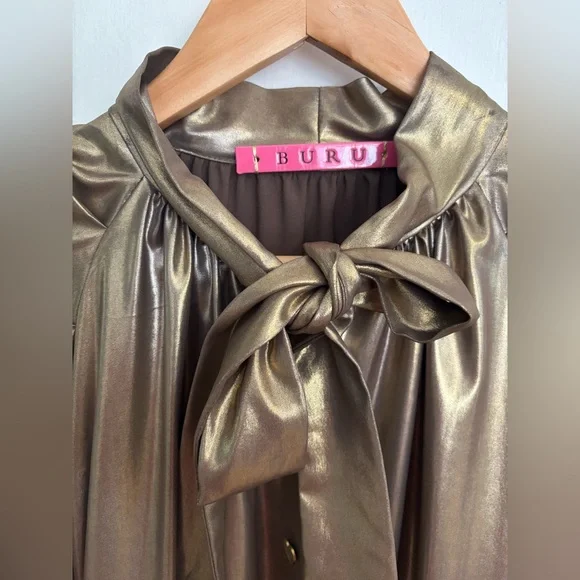 BURU Gold Lamé Long Sleeve Button Up Bow Midi Dress Size XS - Picture 7 of 14